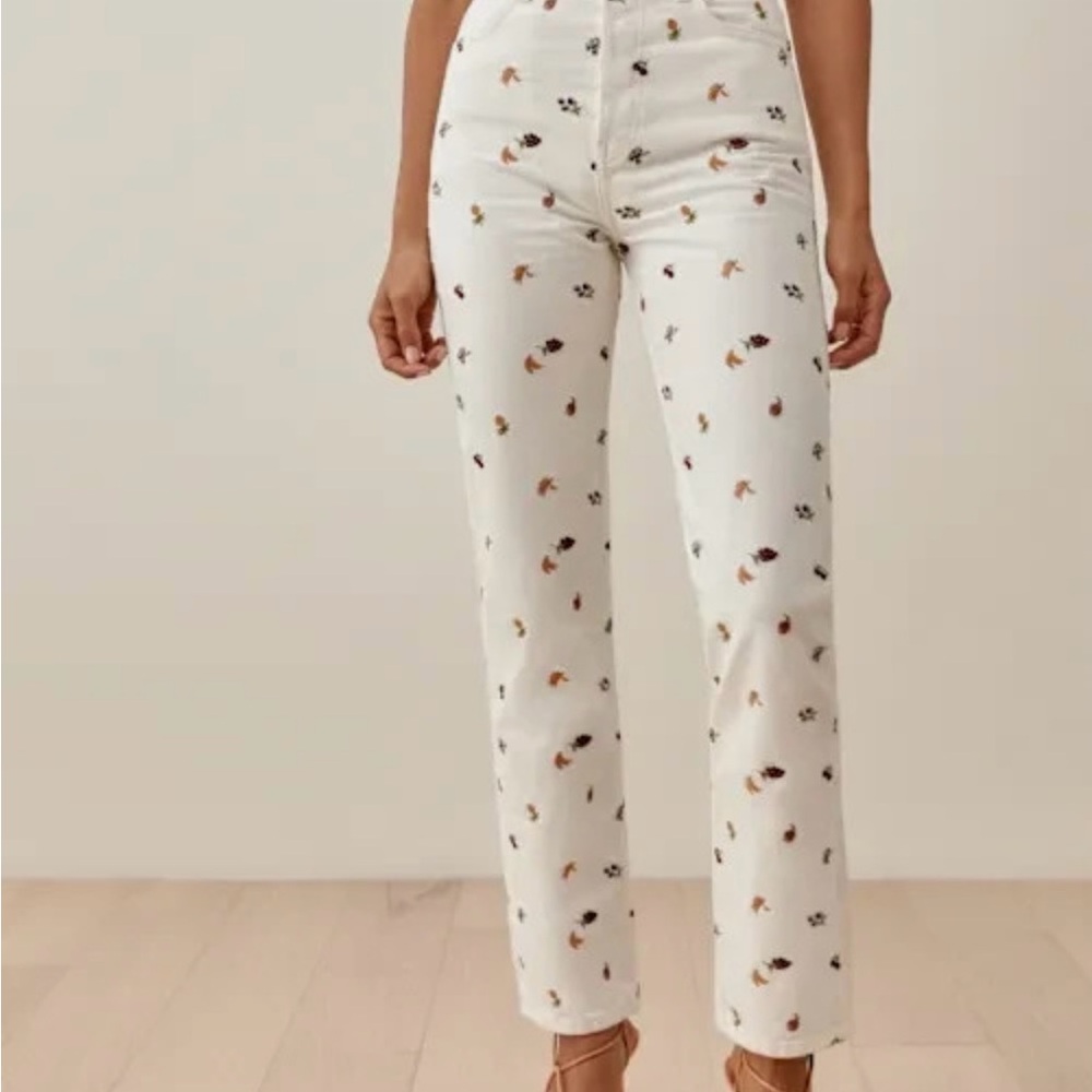 Reformation Cynthia White Floral Straight Leg Jeans
